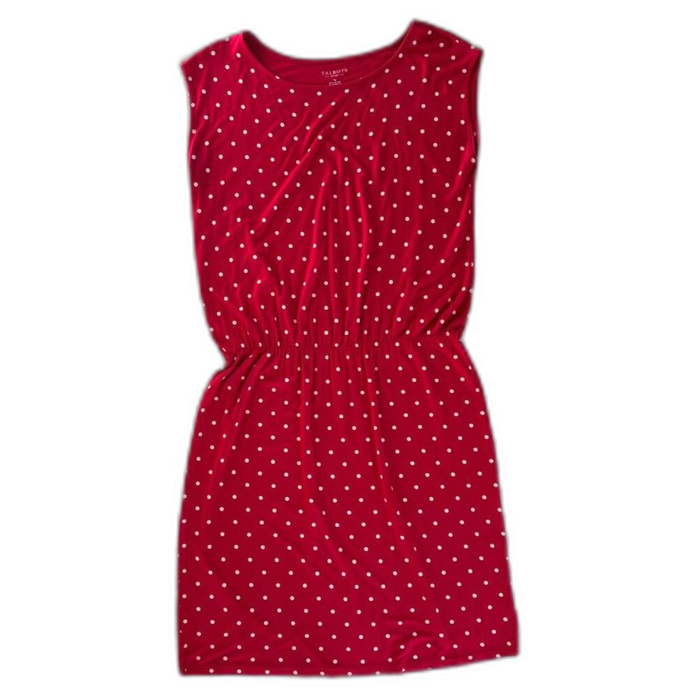 Talbots Red Cream Polka Dot Sleeveless Jersey Knit Dress Elastic Waist MP Petite